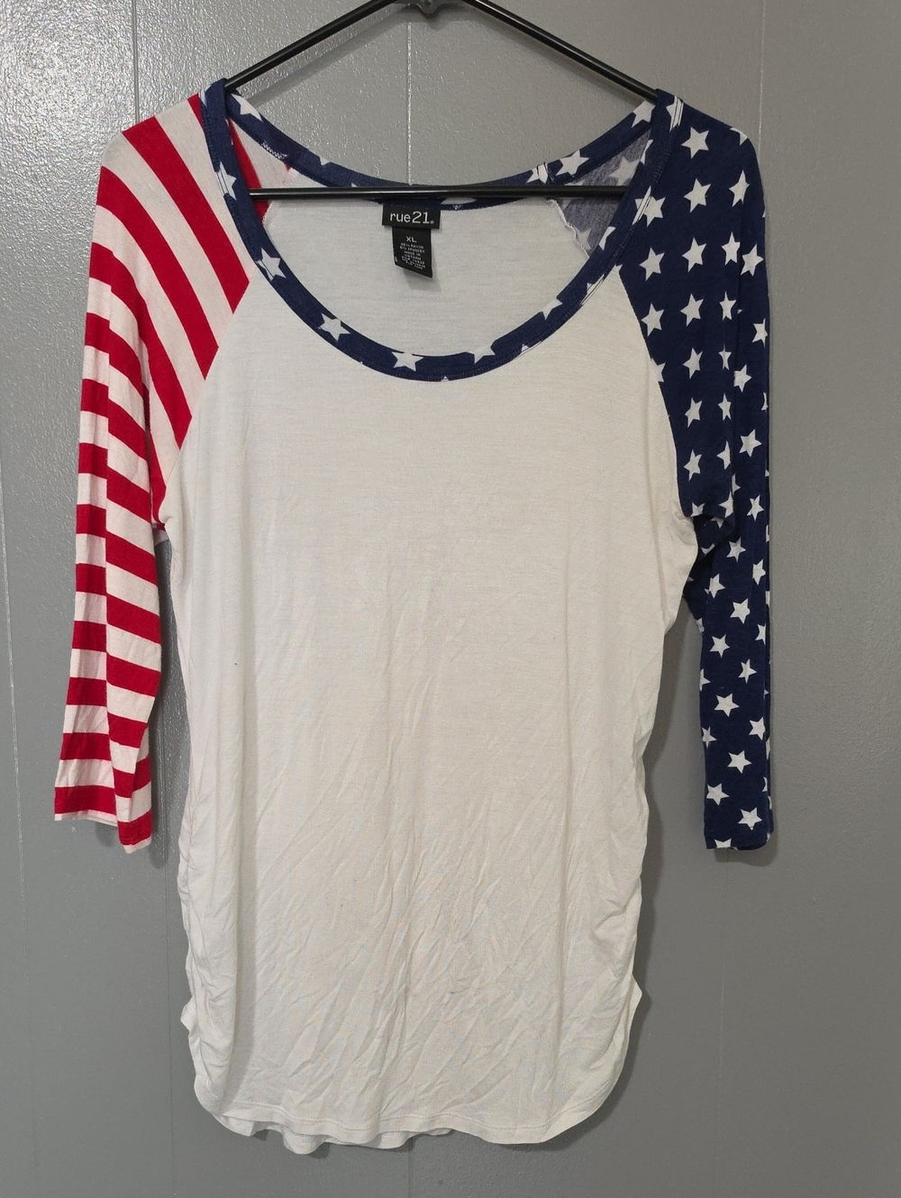 Rue21 White Raglan Tee with Red Striped and Navy Star Sleeves